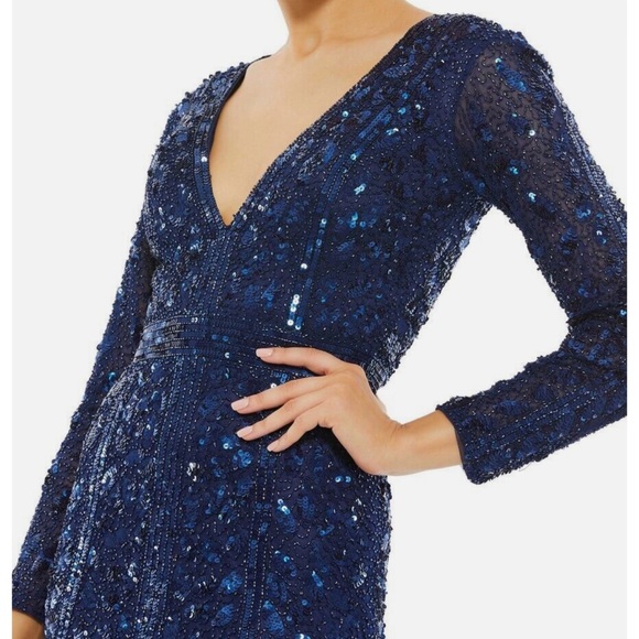 Mac Duggal 5002# Size 12 Embellished Front Slit Long-Sleeve Midnight Blue Gown - Picture 3 of 6